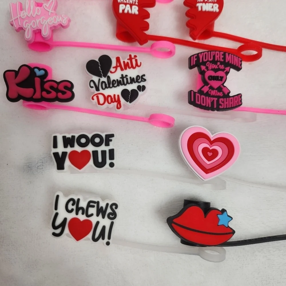 16 Pieces Valentine's Day Straw Cover Cap Silicone Straw Topper
